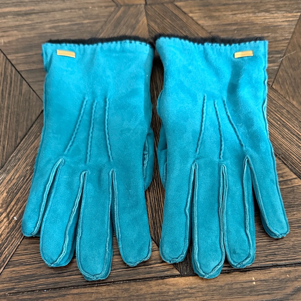 Les Copains Italy Teal Lambskin Angora Gloves Black Fur Lined Size 7